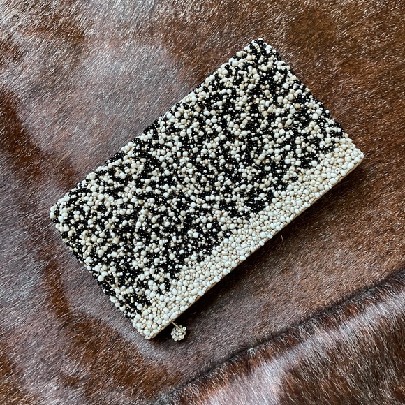Beaded clutch purse, petite, black/white/tan, well made - Picture 4 of 9